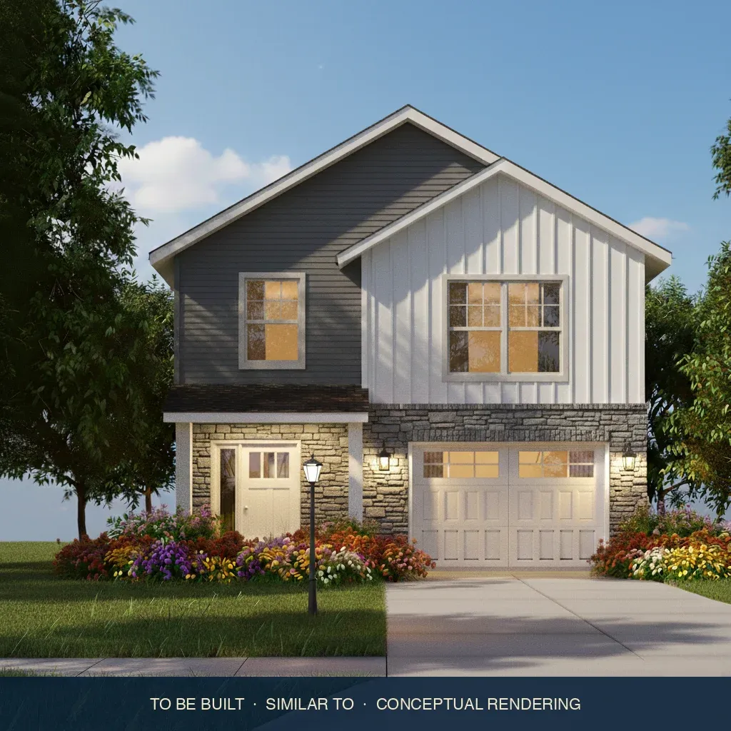 Conceptual rendering of a two-story single-family home with board-and-batten siding and a stone-accented garage