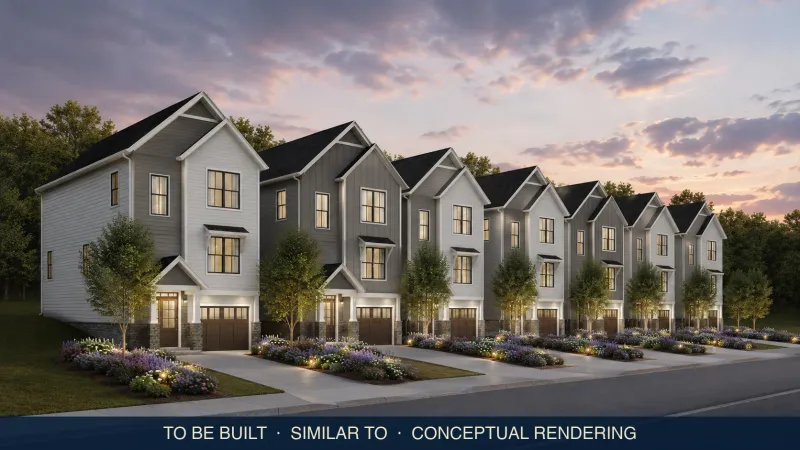 Conceptual rendering of a row of three-story townhomes with garages and landscaped front walks at sunset