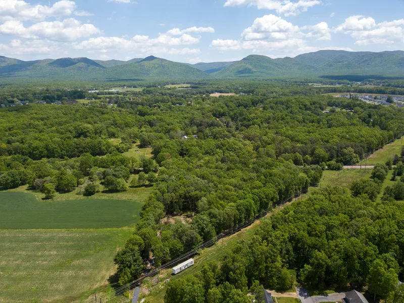 Aerial view of the Shenandoah Valley landscape and Blue Ridge mountains around Forest Station's site